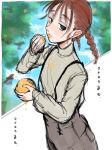  1girl black_eyes blue_sky brown_hair closed_mouth cloud dripping english_text food fruit half-closed_eyes holding holding_food holding_fruit maido_mido medium_hair orange_(fruit) original outdoors overalls sketch sky sleeves_past_wrists solo tree turtleneck twintails wiping_face 