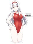  1girl bare_arms bare_legs bare_shoulders breasts brown_eyes character_name closed_mouth collarbone commission competition_swimsuit eyebrows_visible_through_hair groin hair_between_eyes headband kantai_collection large_breasts long_hair one-piece_swimsuit red_headband red_swimsuit shigino_sohuzi shoukaku_(kancolle) simple_background skeb_commission smile solo swimsuit white_background white_hair 