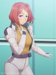  1girl :o artist_name bangs belt breasts commentary gundam gundam_u.c._engage looking_at_viewer medium_breasts open_clothes orange_hair peche_montagne pilot_suit purple_eyes short_hair sidelocks solo sweat upper_body user_mnra7284 