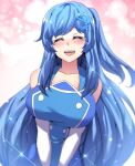  1girl blue_hair blush breast_squeeze breasts crying hinghoi internet_explorer internet_explorer_(merryweather) internet_explorer_(webcomic) long_hair merryweather open_mouth own_hands_together personification side_ponytail simple_background smile solo v_arms 