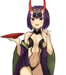  1girl :d absurdres bare_shoulders blush breasts commentary_request cowboy_shot cup eyebrows_visible_through_hair fangs fate/grand_order fate_(series) highres horns korean_commentary looking_at_viewer nail_polish navel oni_horns open_mouth purple_eyes purple_hair red_nails revealing_clothes sakazuki short_hair shuten_douji_(fate) simple_background small_breasts smile solo sookmo thick_eyebrows white_background 