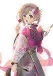  1girl :d alternate_costume blonde_hair bow brown_eyes candy_apple djeeta_(granblue_fantasy) floral_print food from_side granblue_fantasy highres holding holding_food japanese_clothes kimono long_sleeves looking_at_viewer medium_hair naruse_hirofumi open_mouth print_kimono red_bow scabbard sheath sheathed simple_background single_hair_intake smile solo standing sword weapon white_background wide_sleeves 