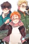  3boys alternate_costume alternate_hairstyle axis_powers_hetalia bespectacled black_coat blue_coat cioccolatodorima coat germany_(hetalia) glasses green_coat himaruya_hidekazu_(style) japan_(hetalia) male_focus multiple_boys northern_italy_(hetalia) official_style open_clothes open_coat striped_clothes sunglasses 