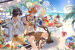  2girls 3boys aether_(genshin_impact) ahoge alternate_costume balloon bangs barbara_(genshin_impact) beach blue_eyes brown_hair brown_male_swimwear cocktail_glass contemporary couple crab cup drinking_glass feet_out_of_frame flower food fruit genshin_impact gradient_hair grill hair_between_eyes hawaiian_shirt holding jean_(genshin_impact) jumpy_dumpty kebab long_hair looking_at_another male_focus male_swimwear multicolored_hair multiple_boys multiple_girls open_clothes open_shirt ponytail qing sand sandals shirt short_hair sitting smile star-shaped_eyewear sunglasses swim_trunks table tartaglia_(genshin_impact) watermelon yaoi yellow_eyes yellow_male_swimwear zhongli_(genshin_impact) 