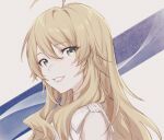  1girl ahoge bangs blonde_hair eyebrows_visible_through_hair from_side green_eyes grin hair_between_eyes hair_over_shoulder highres hoshii_miki idolmaster idolmaster_(classic) long_hair looking_at_viewer portrait smile solo straight_hair vickyycy99 