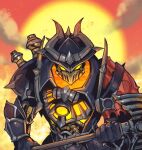  1boy armor bangs black_gloves full_armor gloves glowing glowing_eyes hat high_noon_mordekaiser holding holding_weapon league_of_legends looking_at_viewer male_focus mordekaiser orange_eyes outdoors phantom_ix_row solo sunset weapon 