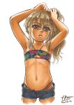  1girl arimura_yuu bikini blonde_hair blue_bikini commentary_request cowboy_shot dark_skin dated denim denim_shorts flat_chest grecale_(kancolle) grey_eyes halter_top halterneck highres holding holding_hair kantai_collection long_hair official_alternate_costume shorts signature solo standing swimsuit tan wavy_hair white_background 