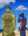  anthro argonian balls beach bethesda_softworks blue_body blue_eyes blue_scales bodily_fluids clothing digital_media_(artwork) duo erection eyewear foreskin genital_fluids genitals hi_res horn humanoid_genitalia humanoid_penis looking_at_another looking_at_butt male muscular muscular_anthro muscular_male nude outside penis precum reptile scales scalie seaside shen_(archshen) sky smile spikes sunglasses tall_lizzard_(artist) the_elder_scrolls topwear tristen video_games water 