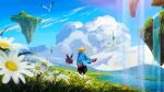  1boy 1girl blonde_hair blue_eyes cloud cloudy_sky cluu english_commentary evan_pettiwhisker_tildrum floating floating_island flower flying grass highres jacket jacket_on_shoulders looking_at_viewer looking_back ni_no_kuni_ii river ross_tran scenery short_hair sky studio_ghibli water waterfall wind 