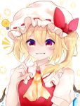  1girl ascot bangs blonde_hair blush bow breasts closed_mouth commentary_request crystal dress eyebrows_visible_through_hair eyes_visible_through_hair flandre_scarlet frills hair_between_eyes hand_up hat hat_bow highres jewelry koroyarou lamp looking_to_the_side medium_breasts mob_cap multicolored_eyes one_side_up pointing pointy_ears puffy_short_sleeves puffy_sleeves purple_eyes red_bow red_dress red_eyes short_hair short_sleeves smile solo star_(symbol) starry_background teeth touhou upper_body white_background white_headwear wings yellow_ascot 