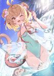  1girl :d ahoge andira_(granblue_fantasy) animal animal_ears aqua_swimsuit ass_visible_through_thighs bangs blonde_hair blue_sky brown_ribbon cameltoe cloud cloudy_sky collarbone cowboy_shot double_bun eyebrows_visible_through_hair fanbox_username flat_chest flower granblue_fantasy groin hair_bun hair_flower hair_ornament hair_strand hand_up highleg highleg_swimsuit highres looking_at_viewer monkey monkey_ears monkey_girl monkey_tail one-piece_swimsuit one_eye_closed orange_eyes palm_tree ribbon see-through short_hair sky smile solo splashing standing swimsuit tail teeth thigh_gap thigh_strap thighs tree twitter_username upper_teeth wading water web_address wrist_ribbon yellowpaint. 