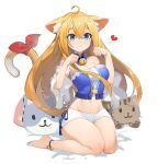  1girl ahoge animal_ears ankle_bell barefoot bell blonde_hair blue_collar blue_eyes bow breasts bustier cat_ears cat_girl cat_tail chemise choker cleavage collar detached_collar detached_sleeves full_body groin hair_between_eyes heart highres long_hair medium_breasts midriff navel neck_bell original paw_ornament paw_pose paw_print rang_go red_bow short_eyebrows shorts sidelocks smile spoken_heart strapless stuffed_animal stuffed_cat stuffed_toy tail tail_bow tail_ornament thighs very_long_hair white_background white_shorts white_sleeves 