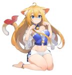  1girl ahoge animal_ears ankle_bell barefoot bell blonde_hair blue_collar blue_eyes bow breasts bustier cat_ears cat_girl cat_tail chemise choker cleavage collar detached_collar detached_sleeves full_body groin hair_between_eyes highres long_hair medium_breasts midriff navel neck_bell original paw_ornament paw_pose rang_go red_bow short_eyebrows shorts sidelocks smile strapless tail tail_bow tail_ornament thighs very_long_hair white_background white_shorts white_sleeves 