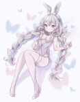  +_+ 1girl animal_ear_fluff animal_ears azur_lane bangs blue_eyes blush bow braid breasts bug butterfly choker clothing_cutout fake_animal_ears hair_bow hair_ornament hairband hand_on_own_stomach high_heels highres knees_together_feet_apart knees_up le_malin_(azur_lane) le_malin_(listless_lapin)_(azur_lane) leotard long_hair looking_at_viewer lying myaco9 nontraditional_playboy_bunny o-ring o-ring_choker official_alternate_costume on_back pantyhose parted_lips playboy_bunny rabbit_ears solo thigh_strap twin_braids very_long_hair white_hair wrist_cuffs 