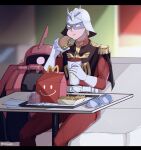  1boy blonde_hair burger char_aznable cup disposable_cup eating english_commentary food french_fries gloves gundam helmet highres holding holding_cup holding_food jacket kyou_(ningiou) male_focus mask mcdonald&#039;s mecha mobile_suit mobile_suit_gundam one-eyed pink_eyes red_jacket sitting smile white_gloves zaku_ii_s_char_custom zeon 