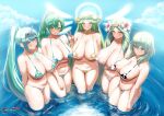  5girls absurdres alternate_costume awesomeerix bikini black_bikini blue_bikini breasts byleth_(fire_emblem) byleth_(fire_emblem)_(female) cleavage commission company_connection covered_nipples crossover fire_emblem fire_emblem:_the_blazing_blade fire_emblem:_three_houses flower glowing glowing_wings green_bikini green_hair hair_flower hair_ornament halo high_ponytail highres kid_icarus large_breasts long_hair looking_at_viewer lyn_(fire_emblem) mature_female medium_hair micro_bikini multiple_girls navel nintendo ocean paid_reward_available palutena partially_submerged pneuma_(xenoblade) ponytail rhea_(fire_emblem) smile stomach super_smash_bros. swimsuit tiara trait_connection v very_long_hair water white_bikini wings xenoblade_chronicles_(series) xenoblade_chronicles_2 yellow_bikini 