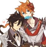  2boys ahoge animal_ears bangs blue_eyes brown_hair cat_boy cat_ears cat_tail couple crossed_arms fish_in_mouth genshin_impact gradient_hair hair_between_eyes heads_together heart heart_tail kemonomimi_mode kokotendon long_hair male_focus multicolored_hair multiple_boys one_eye_closed ponytail short_hair tail tartaglia_(genshin_impact) upper_body yaoi yellow_eyes zhongli_(genshin_impact) 