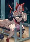  2girls animal_ears blue_eyes breasts closed_eyes cunnilingus dumbbell facial_mark female_ejaculation final_fantasy final_fantasy_xiv heterochromia highres large_breasts legs long_hair lying miqo&#039;te monobe_yuri multicolored_hair multiple_girls muscular muscular_female on_back oral pink_hair pussy_juice red_footwear red_hair sabrith_ebonclaw shoes streaked_hair tail tayelle_ebonclaw thick_arms thick_thighs thighs whisker_markings white_hair yellow_eyes yuri 