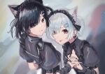  2girls :p absurdres animal_ear_fluff animal_ears arisaki_(cnxy7525) arm_belt arm_warmers black_bow black_bowtie black_dress black_hair black_headwear bow bow_earrings bowtie breasts cat_ears cleavage_cutout closed_mouth clothing_cutout dress dual_persona ear_piercing earrings eyebrows_visible_through_hair eyes_visible_through_hair facing_another frills gothic_lolita hair_ornament hair_over_one_eye hairclip hexagon_hair_ornament highres holding_hands interlocked_fingers jewelry lolita_fashion looking_at_viewer maid_headdress mitsurugi_lia multiple_girls official_alternate_costume piercing puffy_short_sleeves puffy_sleeves red_eyes short_hair short_sleeves sidelocks small_breasts smile tongue tongue_out two_side_up v-shaped_eyebrows virtual_youtuber wactor_production white_hair 