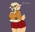  anthro big_breasts blonde_hair bodily_fluids breast_milking breasts cervid clothed clothing cosplay dialogue eyewear female fluffy fluffy_tail fur glasses hair hanna-barbera karnator lactating mammal nipples open_mouth open_smile partially_clothed scooby-doo_(series) simple_background smile solo teeth thick_thighs tongue velma_dinkley wide_hips yellow_body yellow_eyes yellow_fur 