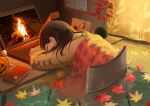  1girl absurdres bedroom blanket book brown_hair calendar_(object) chair clock closed_eyes computer cross-laced_sleeves desk fireplace haiyuki_yuki head_down highres indoors jack-o&#039;-lantern laptop leaf maple_leaf original partially_submerged partially_underwater_shot plant sitting sleeping solo sweater water window 