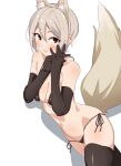  1girl absurdres animal_ears bangs bare_shoulders bikini black_bikini black_gloves black_legwear blush breasts brown_eyes cowboy_shot elbow_gloves eyebrows_visible_through_hair fox_ears fox_girl fox_tail gloves grey_hair hair_between_eyes highres idolmaster idolmaster_cinderella_girls interlocked_fingers lying medium_breasts micro_bikini on_side parted_lips seihekiog shadow shiomi_syuko short_hair side-tie_bikini sidelocks simple_background smile solo string_bikini swimsuit tail thighhighs thighs white_background 