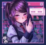  1girl black_vest blush cigarette frown hakai_no_ika highres hourglass jill_stingray long_hair looking_at_viewer necktie purple_hair red_eyes red_necktie shirt two_side_up va-11_hall-a vest white_shirt window_(computing) 