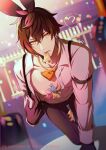  1boy animal_ears bangs bare_pectorals bartender bills black_pants blurry blurry_background brown_hair collared_shirt fake_animal_ears feet_out_of_frame genshin_impact gradient_hair hair_between_eyes highres kurashiki00 long_hair male_focus male_playboy_bunny money money_tuck mouth_hold multicolored_hair necktie open_clothes open_shirt orange_necktie pants pectorals ponytail rabbit_ears shirt solo undressing yellow_eyes zhongli_(genshin_impact) 