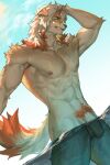  1boy abs aixiwuganda_(20222192) animal_ears arknights bangs bara brown_fur bulge completely_nude dog_boy dog_ears flaccid from_below furry furry_male hand_on_own_head highres horns hung_(arknights) large_pectorals male_focus male_pubic_hair medium_hair multicolored_hair muscular muscular_male navel nipples nude orange_eyes orange_hair partially_submerged pectorals penis pubic_hair single_horn smirk solo stomach streaked_hair thick_thighs thighs two-tone_fur uncensored 