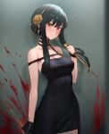  1girl absurdres alaskastomatoez bare_shoulders black_dress black_gloves black_hair blood blood_on_face blood_on_wall blood_on_weapon blood_splatter blush breasts choker cleavage dagger dress dual_wielding earrings fingerless_gloves flower gloves hairband highres holding jewelry knife large_breasts looking_at_viewer off-shoulder_dress off_shoulder red_eyes rose sidelocks smile solo spy_x_family strap_slip weapon yor_briar 