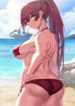  1girl ass back bangs beach bikini blush breasts butt_crack closed_mouth cloud cloudy_sky cowboy_shot earrings eyebrows_visible_through_hair from_behind hand_on_hip heart heart_earrings heterochromia highres hololive houshou_marine jewelry large_breasts light_rays looking_at_viewer looking_back moisture_(chichi) muscular muscular_female necklace ocean outdoors pirate_ship ponytail red_bikini red_eyes red_hair revision rock sand silhouette sky swimsuit thighs virtual_youtuber water wet yellow_eyes 