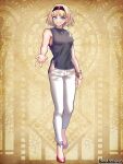  1girl arm_at_side blonde_hair blue_eyes bracelet breasts brown_hairband copyright_name full_body grey_shirt hairband jewelry morino_bambi pandora_party_project pants red_footwear shirt short_hair sleeveless small_breasts smile solo white_pants yellow_background 