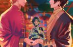  2boys 3boys absurdres ahoge anger_vein bangs beecee174 blue_eyes blurry blurry_foreground brown_hair character_request chinese_clothes costume_request couple feet_out_of_frame genshin_impact gradient_hair hair_between_eyes head_out_of_frame highres holding_hands long_hair male_focus multicolored_hair multiple_boys ponytail short_hair smile tartaglia_(genshin_impact) yaoi yellow_eyes zhongli_(genshin_impact) 