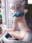  1girl animal_ears blue_scarf bottle breasts copyright_name cup eighth_note fox_ears fox_tail heart long_hair medium_breasts morino_bambi music musical_note nude pandora_party_project refrigerator scarf singing solo squatting tail tail_wagging white_hair wine_bottle 