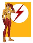  1boy bodysuit boots formal gloves goggles green_eyes highres jerome-k-moore jpeg_artifacts kid_flash knee_pads looking_at_viewer male_focus red_gloves red_goggles red_hair red_legwear shoulder_pads smile suit superhero teenage wally_west yellow_bodysuit yellow_footwear young_justice 
