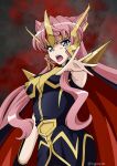  1girl absurdres black_cape black_jacket black_skirt blue_eyes breasts cape cosplay gundam gundam_zz hair_ears haman_karn haman_karn_(cosplay) highres jacket kyomeihibiki long_hair looking_at_viewer maria_cadenzavna_eve medium_breasts open_hand open_mouth pink_hair senki_zesshou_symphogear skirt solo 