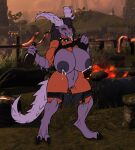  anthro big_breasts bodily_fluids bottle breast_milking breasts brutal_legend claws clothed clothing detailed_background fangs female fur genitals hi_res holding_object horn karnator lactating nipples open_mouth open_smile orange_body orange_fur partially_clothed purple_body pussy raptor_elk red_eyes smile solo thick_thighs tongue tongue_out wide_hips 