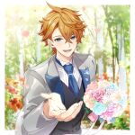  1boy bangs beckoning black_vest blue_eyes blue_necktie blush bouquet formal genshin_impact grey_suit hair_between_eyes highres holding holding_bouquet leaning_forward long_hair male_focus mmmgnsn necktie orange_hair outstretched_hand reaching_out solo suit tartaglia_(genshin_impact) upper_body vest 