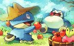  ^_^ apple applin blush brown_headwear closed_eyes cloud commentary_request day eating evolutionary_line fangs food fruit grass hat hatted_pokemon holding holding_food holding_fruit munchlax no_humans open_mouth outdoors pokemon pokemon_(creature) sky snorlax toneko tongue 