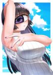  1girl absurdres arm_up armpits azen_(mntimcczgrtn) bangs black_hair blunt_bangs blush cyclops day highres long_hair looking_at_viewer monster_girl nail_polish one-eyed original parted_lips presenting_armpit purple_eyes sky sleeveless sleeveless_turtleneck solo spread_armpit sweat sweater turtleneck v 
