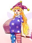  1girl alternate_breast_size american_flag blonde_hair breast_expansion breasts clownpiece dress fairy fairy_wings frilled_shirt_collar frills gigantic_breasts hat highres itou_yuuji jester_cap leggings long_hair neck_ruff oppai_loli pantyhose pink_eyes polka_dot solo touhou very_long_hair wings 
