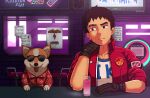  1boy akira alcohol bar brown_hair cowboy_shot cyberpunk dog earrings gloves goggles hawaiian_shirt highres jacket jewelry leather leather_jacket mario_(va-11_hall-a) neon_lights rad_shiba shirt short_hair sunglasses sweatdrop va-11_hall-a vert_cypres 