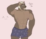  ^_^ abs anthro bara_tiddies barazoku beard biceps blonde_hair boxers_(clothing) brown_body brown_fur clothing eyes_closed facial_hair fur gulonine hair hi_res jessoji male mammal moobs muscular muscular_anthro muscular_male mustelid musteline pecs polka_dots purple_clothing purple_underwear simple_background simple_coloring sketch smile solo underwear wolverine 