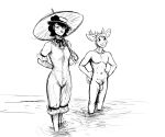  2022 anthro black_and_white casual_nudity cervid clothed clothed/nude clothed_female_nude_male clothing deer_prince didelphid duo eyewear female glasses hands_on_hips hat headgear headwear hi_res hladilnik lingerie male mammal marsupial mary_ann_(hladilnik) monochrome nude nude_beach parasol partially_submerged skinny_dipping 
