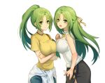 2girls black_skirt blue_pants chinese_commentary closed_mouth clothes_around_waist commentary_request crossed_arms eyebrows_visible_through_hair eyes_visible_through_hair green_eyes green_hair hair_intakes hair_ribbon higurashi_no_naku_koro_ni jacket jacket_around_waist jewelry long_hair multiple_girls necklace open_mouth pants ponytail ribbed_sweater ribbon shirt short_sleeves siblings sisters skirt sleeveless sonozaki_mion sonozaki_shion sweater t-shirt tsukasa439 turtleneck turtleneck_sweater twins white_background white_jacket white_sweater yellow_ribbon yellow_shirt 