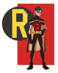  1boy belt black_footwear black_gloves black_hair black_legwear cape dick_grayson domino_mask formal gloves hand_on_hip highres jerome-k-moore jpeg_artifacts knee_pads male_focus mask robin_(dc) smile suit superhero teenage young_justice 