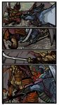  armor battle blood bodily_fluids colored comic dragon duo feral fight fighting_pose horn khez_(labjer) labjer male melee_weapon naginata polearm pose samurai_armor spear weapon wings 