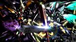  battle cybuster electricity fighting glowing glowing_eyes green_eyes highres holding holding_sword holding_weapon mecha mechanical_wings no_humans red_eyes sharp2nangle shurouga super_robot_wars super_robot_wars_original_generation super_robot_wars_z sword sword_clash weapon wings 