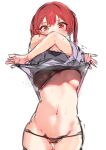  1girl arms_up bangs black_panties black_shirt blush breasts closed_mouth clothes_lift detached_sleeves groin hair_censor hair_over_breasts hair_over_one_breast heterochromia hololive houshou_marine large_breasts long_hair navel panties pomesaurus red_eyes red_hair shirt shirt_lift solo stomach sweat underwear virtual_youtuber yellow_eyes 