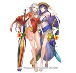  2girls altina blue_eyes blue_hair breasts edelgard_von_hresvelg fire_emblem fire_emblem:_radiant_dawn fire_emblem:_three_houses fire_emblem_heroes flower hair_flower hair_ornament hair_ribbon hat holding kakage large_breasts long_hair looking_at_viewer multiple_girls official_art open_mouth plumeria purple_eyes purple_hair ribbon smile swimsuit very_long_hair white_hair 